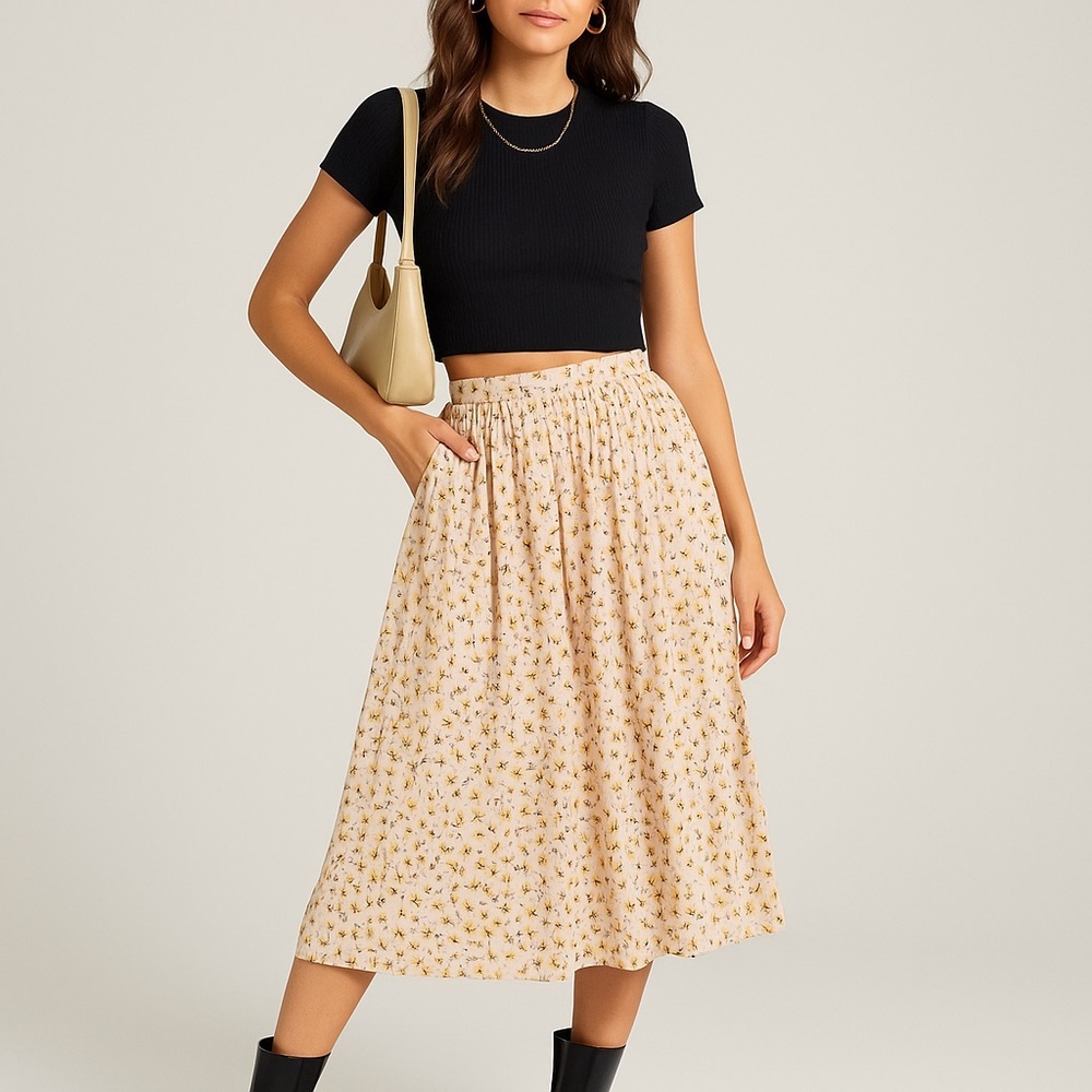 Roolee Midi Skirt in Cream and Brown Floral
